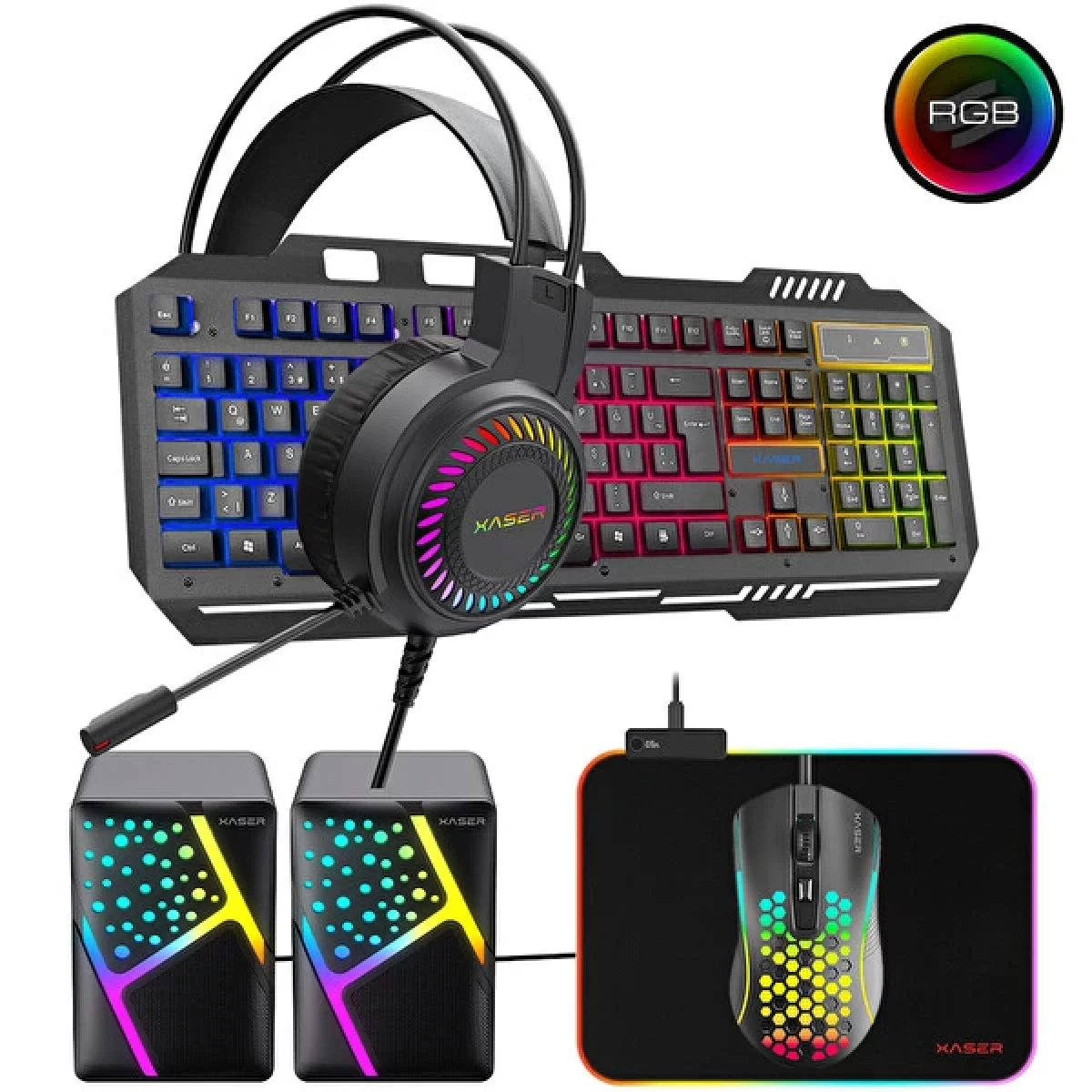 XASER XS-KB855CM 5in1 RGB USB Gaming Klavye/Kulaklık/Mouse/Mousepad/Speaker Set